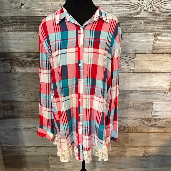Umgee Tops - NWT Umgee Red and Blue Plaid Shirt with Lace Detail